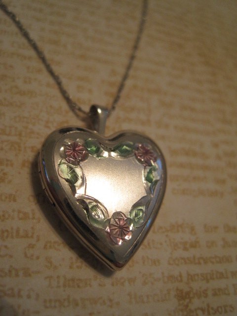 Silver Heart Shaped Locket with Rose Design, Silver Chain Necklace