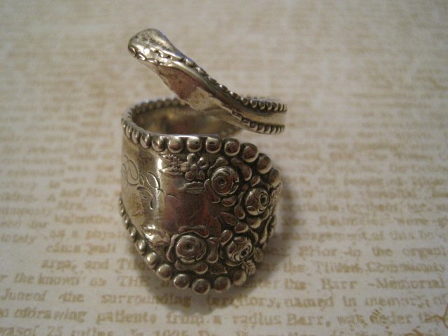 Retro Silverware Handle Ring, Carved Initial and Flower Design, Size 8