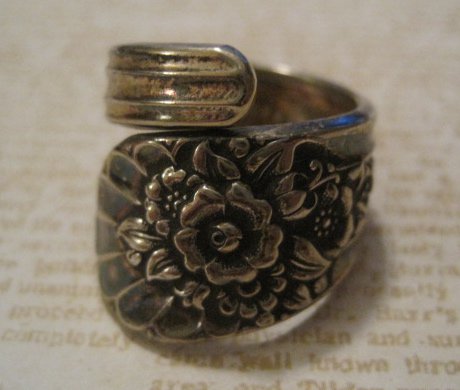 Silverware Handle Ring, Carved Flower Design, Size 8.5