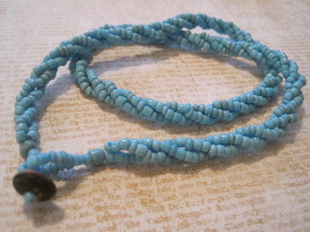 Light Blue Beaded Twist Necklace, Button Hook