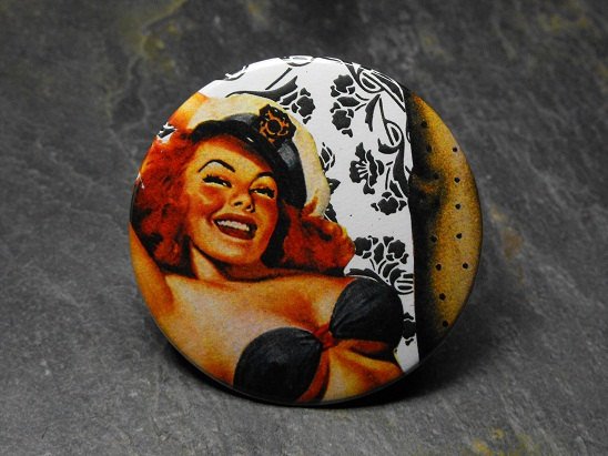 Pin Up Girl in Sailor Hat, Black and White Background, Decorated Vanity Pocket Mirror