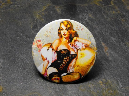 Pin Up Girl Wearing Black, Flower Print Background, Decorated Vanity Pocket Mirror