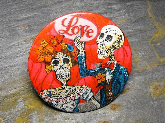 Day of the Dead Pair, Red "Love" Background, Decorated Vanity Pocket Mirror