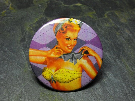 Pin Up Girl in Green, Purple Checkered Background, Decorated Vanity Pocket Mirror