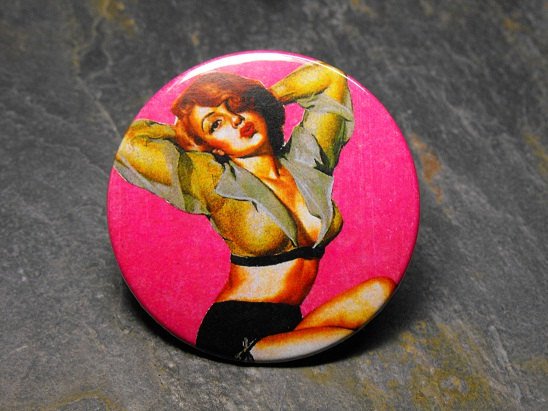 Pin Up Girl Seated, Hot Pink Background, Decorated Vanity Pocket Mirror