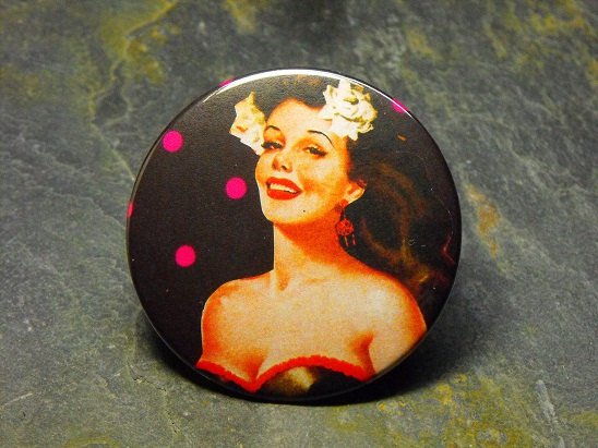 Pin Up Girl with Flower in Her Hair, Polka Dot Background, Decorated Vanity Pocket Mirror