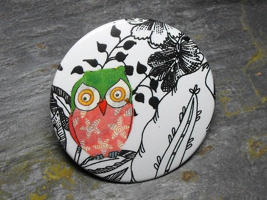 Pink and Green Owl, Black and White Floral Background, Decorated Vanity Pocket Mirror