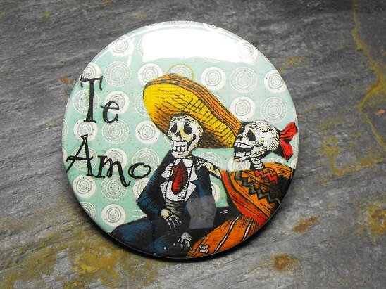 Day of the Dead Couple, "Te Amo", Blue Print Background, Decorated Vanity Pocket Mirror