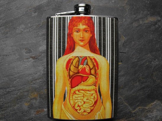 Stainless Steel Flask - 8oz., Women Anatomy Print on Striped Background