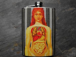 Stainless Steel Flask - 8oz., Women Anatomy Print on Striped Background