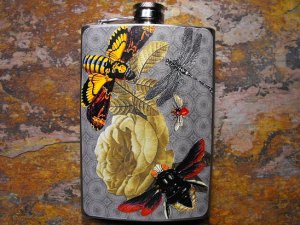 Stainless Steel Flask - 8oz., Bugs and Bees Print on Blue Background