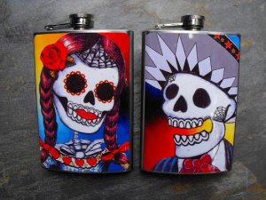 Set of Two Stainless Steel Flask - 8oz., Day of the Dead Man and Woman, Colorful Print