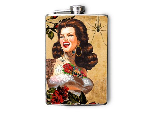 Stainless Steel Flask - 8oz., Pin Up Girl with Tattoos and Spider Print