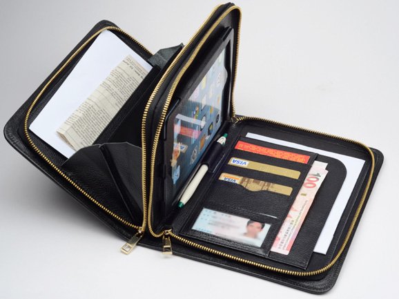 iPad mini 4 Black Leather Carrying Portfolio Purse with Handle Zipper Clutch
