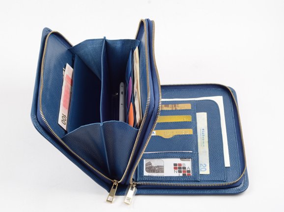 Blue Zipper Wallet Case in full grain leather with iPad mini Carrying with Handle