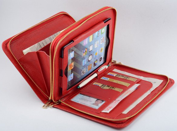Red Wallet Purse Case for Apple iPad mini Business Carrying Zipper Portfolio Case