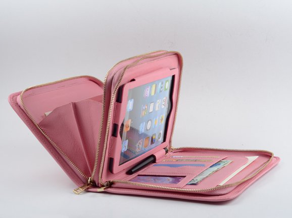 Pink Leather Carrying Zipper Portfolio Case with Handle for Apple iPad mini 4