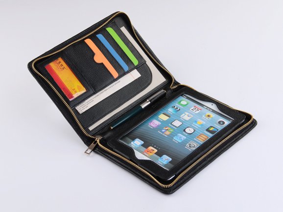 Black iPad mini 4 Portfolio Wallet Case with mini 4 iPad in full grain leather