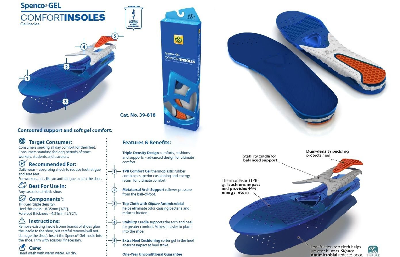 Spenco Gel Comfort Insoles Inserts Anti-Slip Support 39-818 Men's 10-11 Size