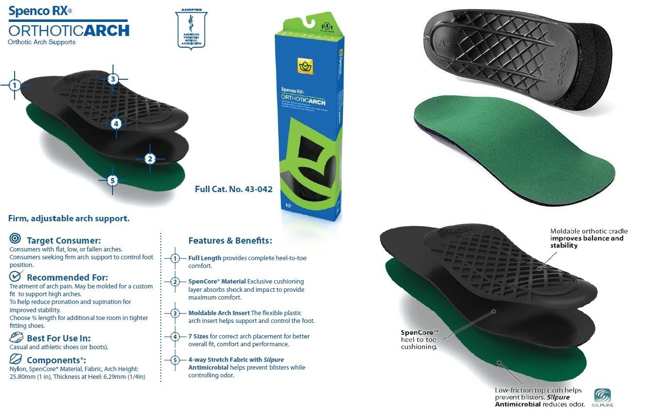Spenco Rx Orthotic Arch Full Arch Cushion Insoles Inserts 43-042 Women's 11-12 Size