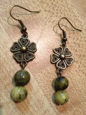 Earrings- Nickel-Free Antique Brass French hooks, Brass Vintage Flowers with Green glass beads