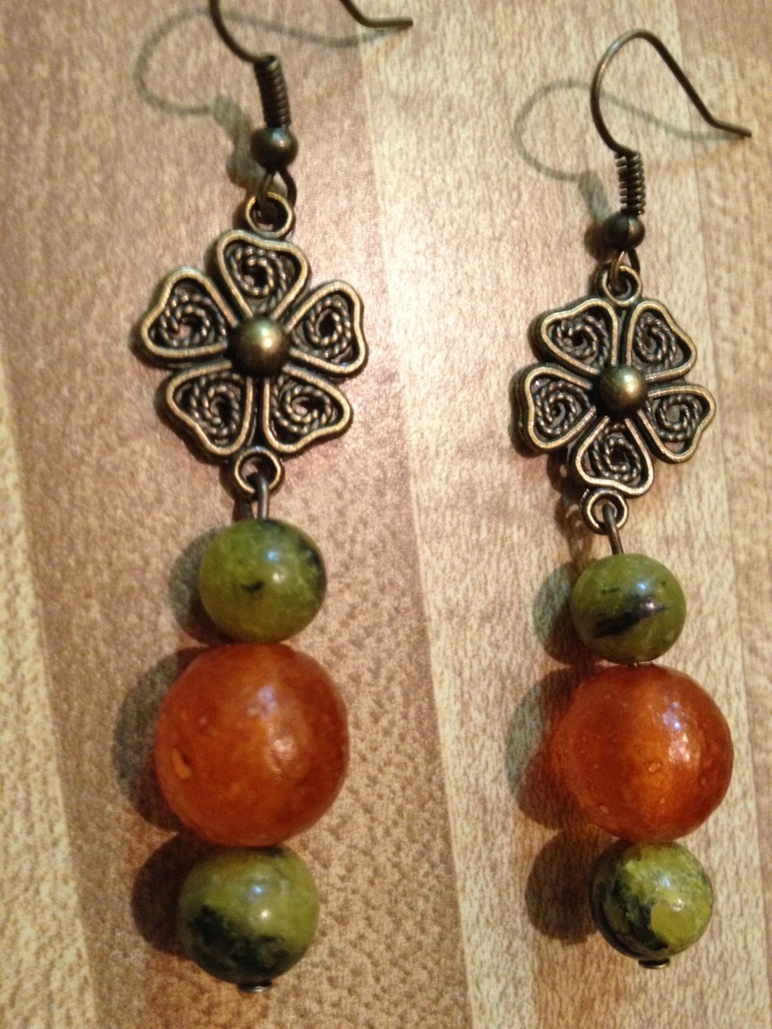 Earrings- Nickel-Free Antique Brass French hooks, Brass Vintage Flowers w- Green, Orange beads