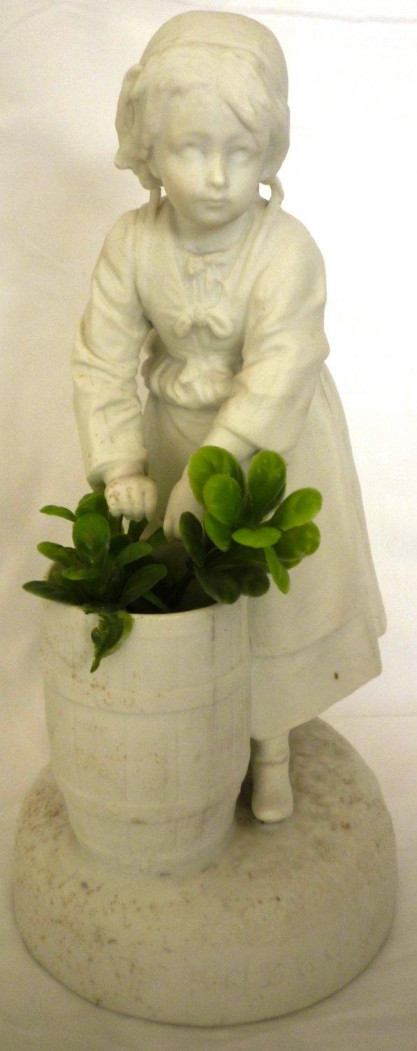 ANTIQUE WHITE PORCELAIN UNGLAZED BISQUE FIGURINE PLANTER GIRL W/BUCKET PAIL
