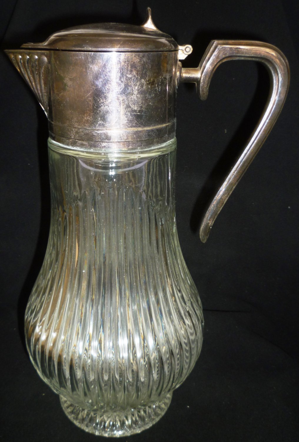 Vintage Ribbed Glass Ice Tea Pitcher Silverplate Handle Lid With Vintage Ribbed Glass Ice Tea Pitcher Silverplate Handle Lid With Inserter