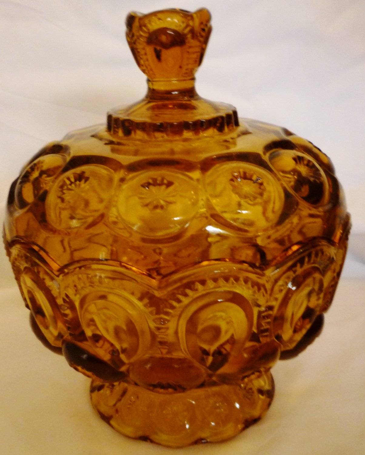 Vintage Amber Glass L E Smith Moon And Stars Pedestal Lidded Compote Candy Dish