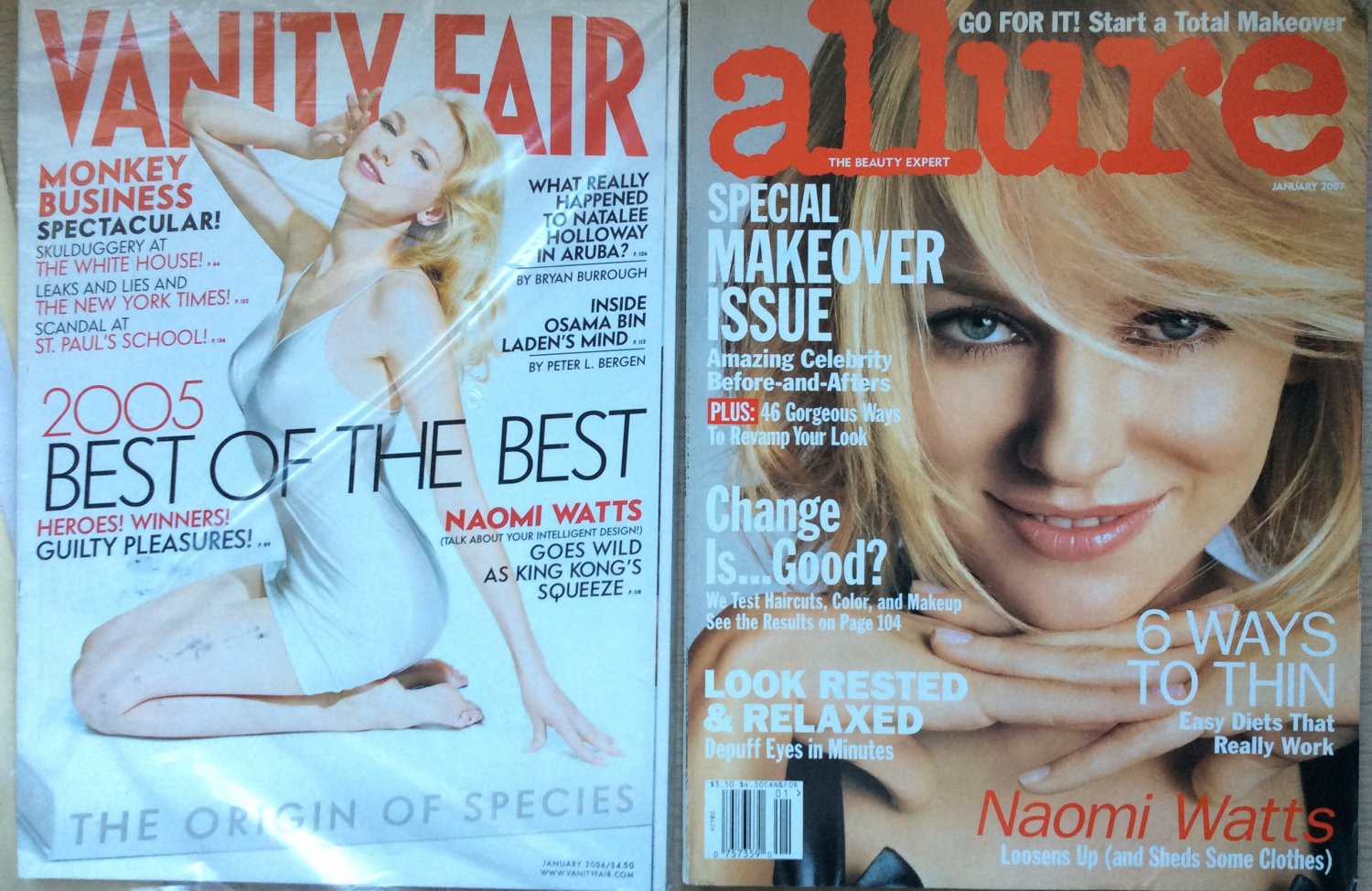 Lot 2 NAOMI WATTS Covers Back Issue VANITY FAIR Jan 2006 Catherine Deneuve ALLURE 2007