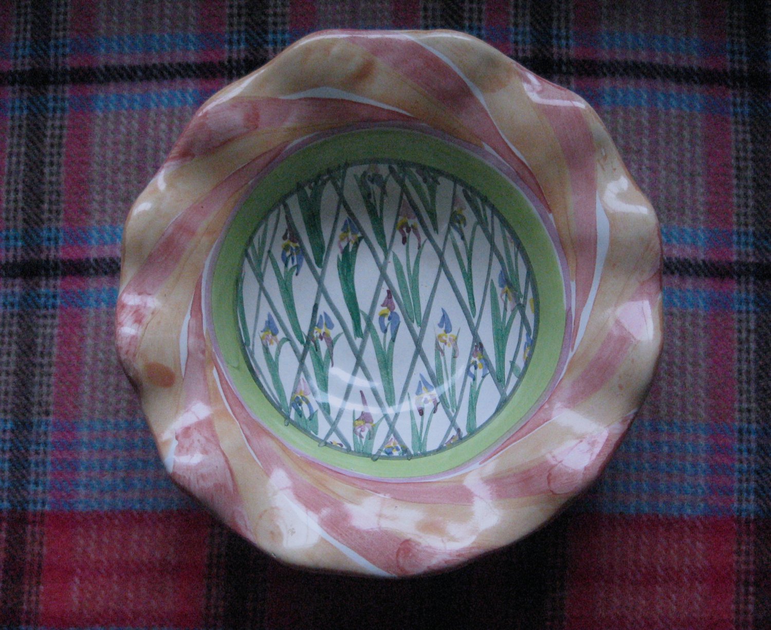 Mackenzie Childs Hand Made Bowl Bearded Iris Fluted Rim Fruit Dessert Sauce Candy Dish Collectible