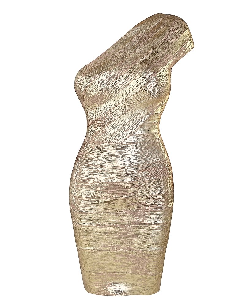 Cloverl Billie Faier Golden Foil print look one-shoulder bandage dress
