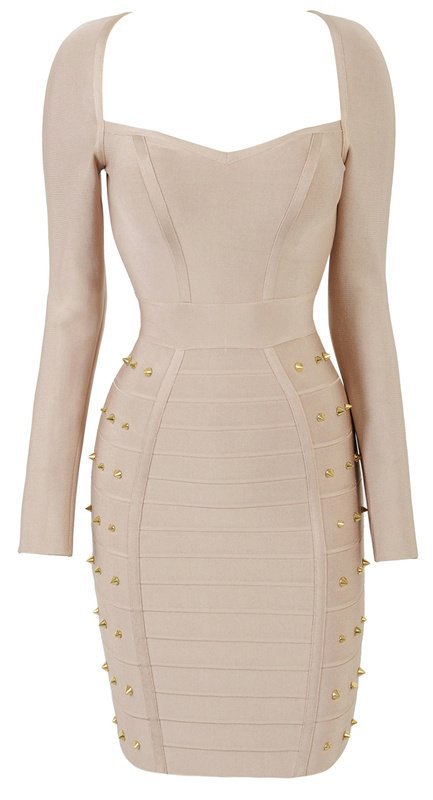 Cloverl Celine Nude Long sleeve Studded Bandage Dress--BY DHL