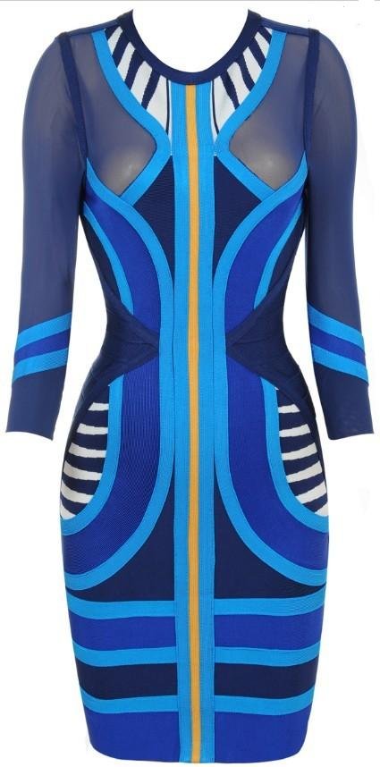 Cloverl Mercy Blue Tribal Mesh Mid Sleeve Bandage Dress