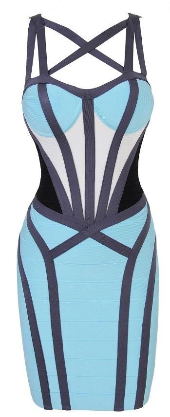 Cloverl Lara Blue Tribal Mesh Mid Sleeve Bandage Dress