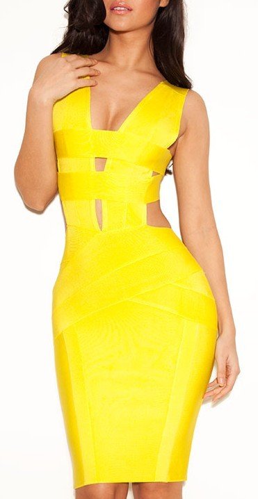 Cloverl Akeno Yellow Acid Deep V bandage Dress--by DHL