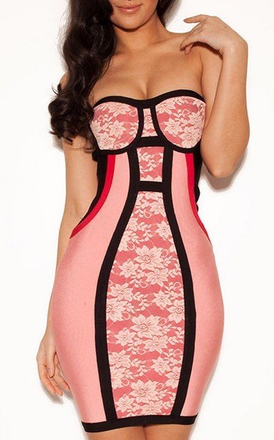 Cloverl Athena Pink Bandage lace strapless dress--Free global shipping