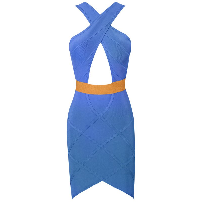 Cloverl Gemma Blue and Gold Keyhole Bandage Dress Free Global Shipping