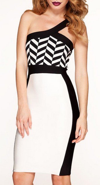 Cloverl Cassidy Black and White One Shoulder Bandage Dress Free Global Shipping