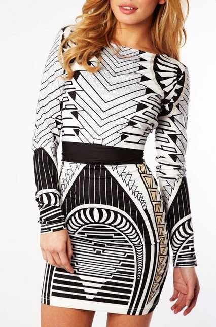 Cloverl Sara Geometric Long Sleeve Bandage Dress Free Global Shipping