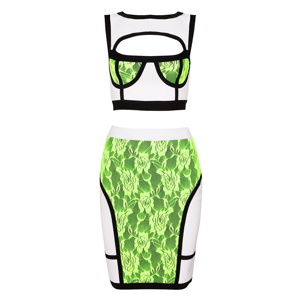 Cloverl Neon Green and White Lace two piece set bandage dress