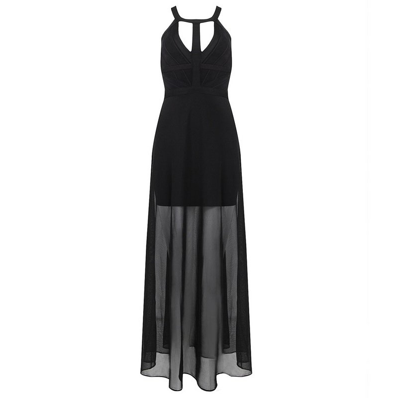 Cloverl Lyla Black Maxi Dress with Sheer Panel Free Global Shipping