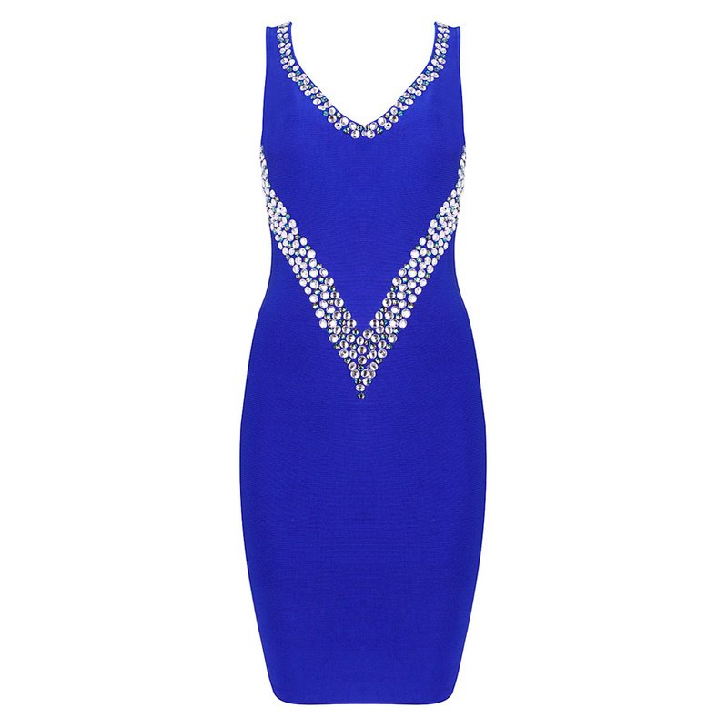 Cloverl Jess Blue Beaded Deep V Bandage Dresss Free Global Shipping