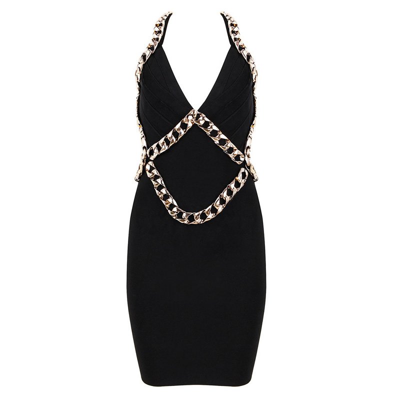Cloverl Izabel Black Metal Chain LBD Bandage Dress Free Global Shipping