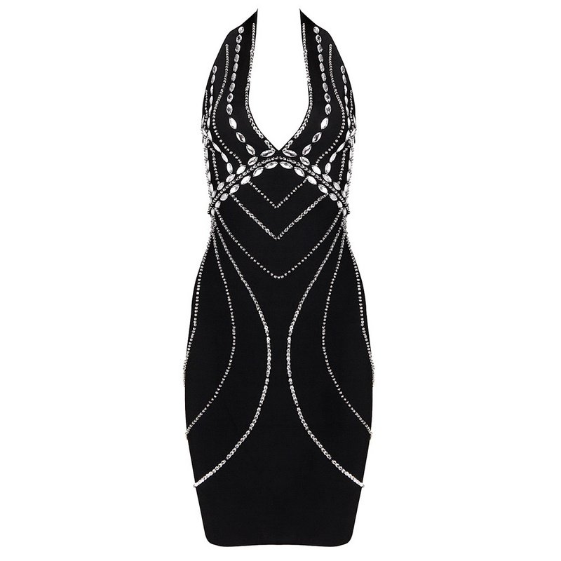 Clover Nadine Black Beaded Halter Neck Bandage DressFree Global Shipping