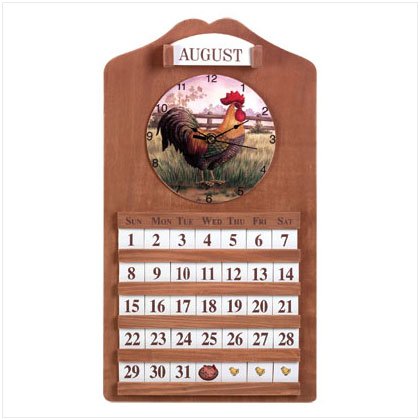 WOOD ROOSTER CLOCK/CALENDER