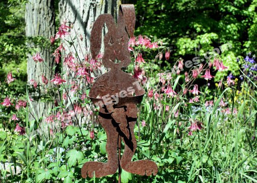 Rusted Garden Rabbit And Pink Columbines Digital Flower Photo 5x7