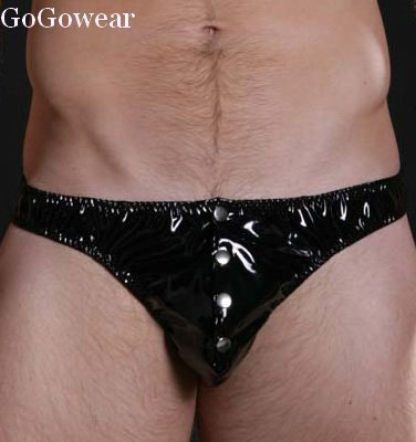 Mens Sexy shiny black Vinyl look Button Thong Size M-L (3029) Free Shipping!