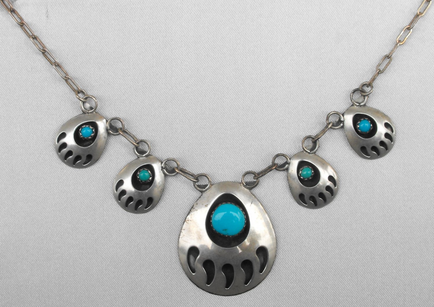 Navajo Sterling Silver Turquoise Bear Paw Necklace