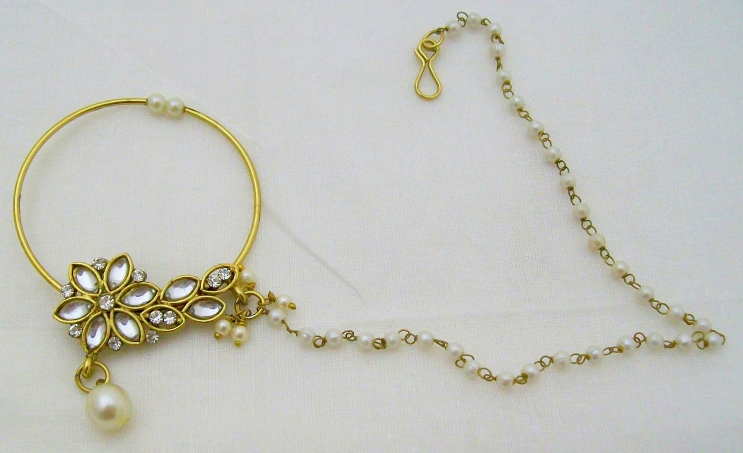 Pearl Kundan Nath Indian Style Flower Nose Ring